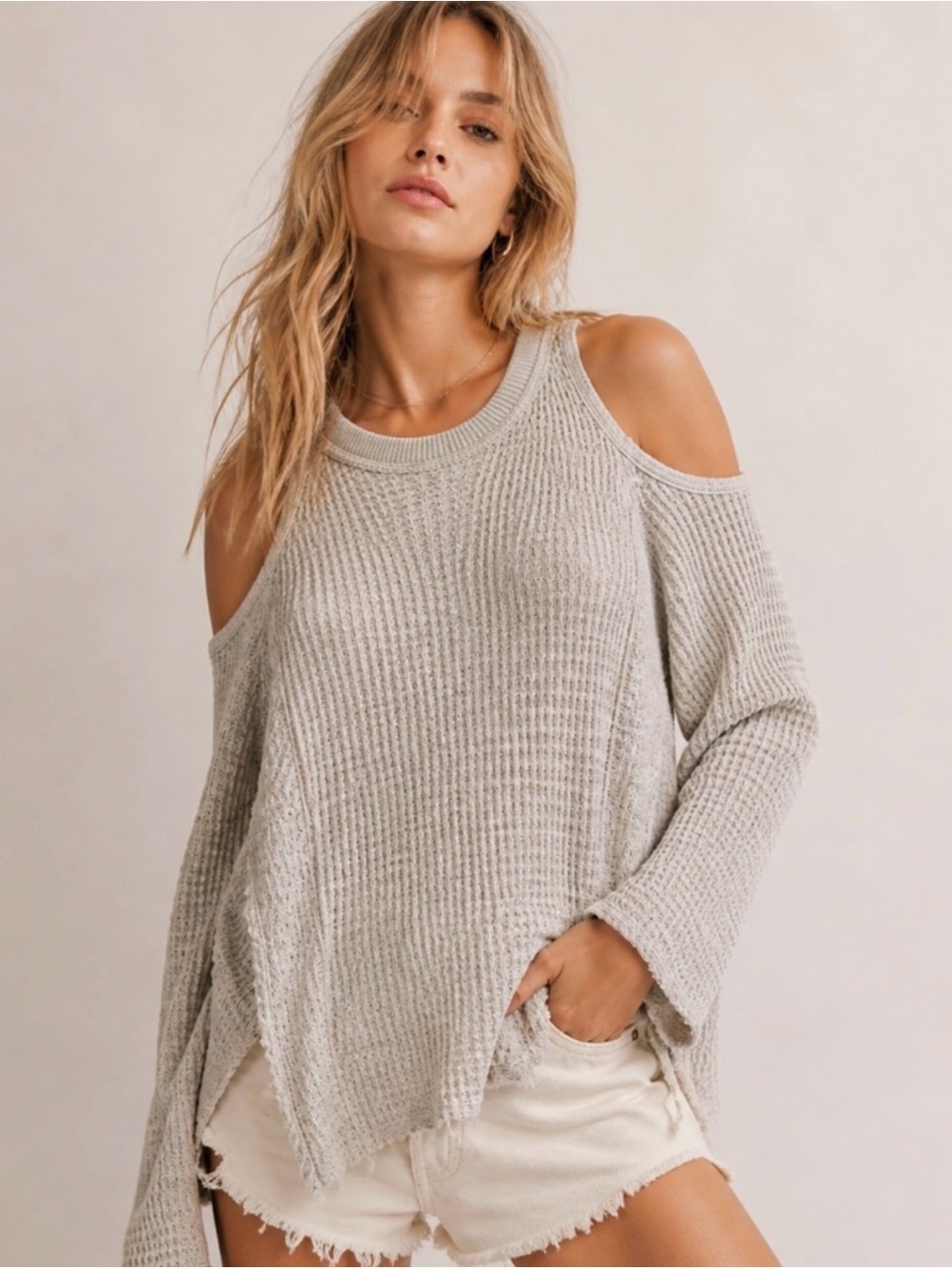 Free People Sunrise Sunset Cream Thermal Knit Cold Shoulder Sweater Size S J40